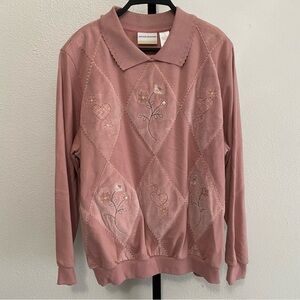 Women's Floral Embroidered Quilted Pink Sweater 1X Grandmacore Cottagecore Fairy